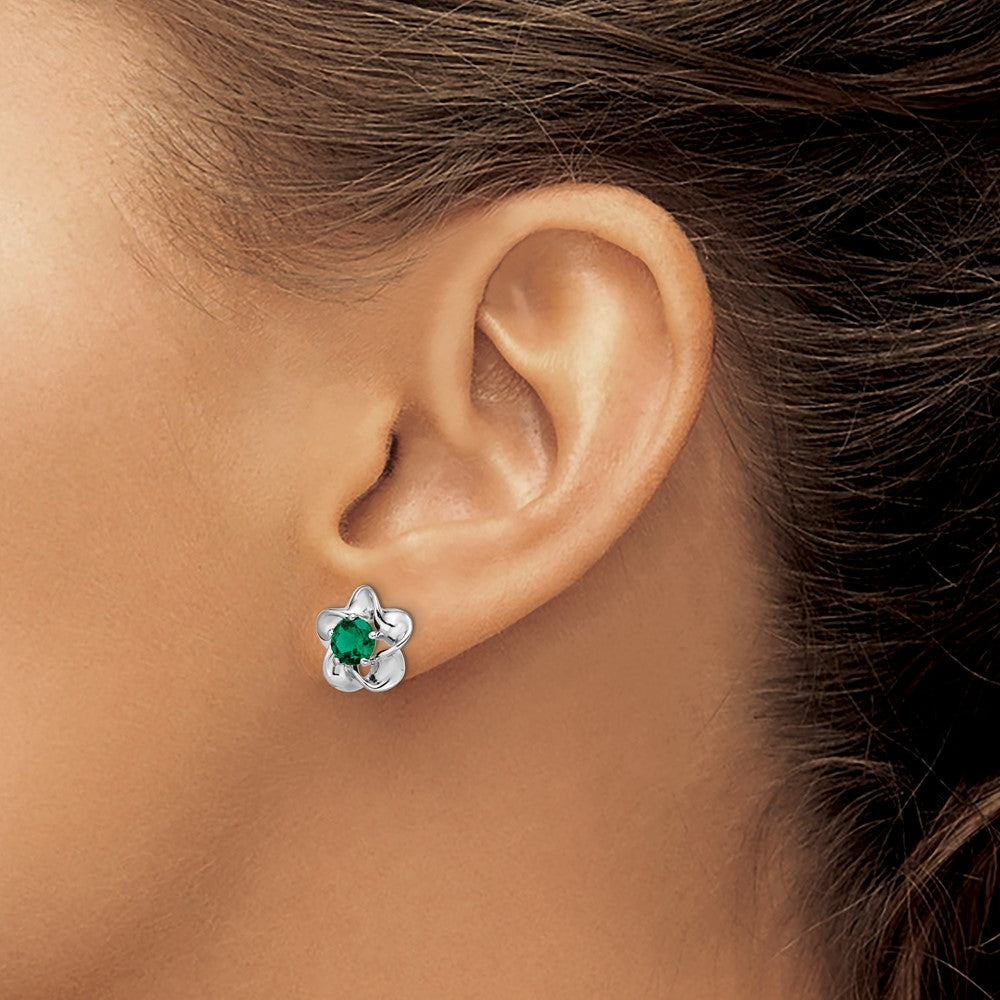 Sterling Silver Rhodium-Plated Floral Created Emerald Post Earrings