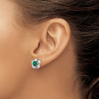 Sterling Silver Rhodium-Plated Floral Created Emerald Post Earrings