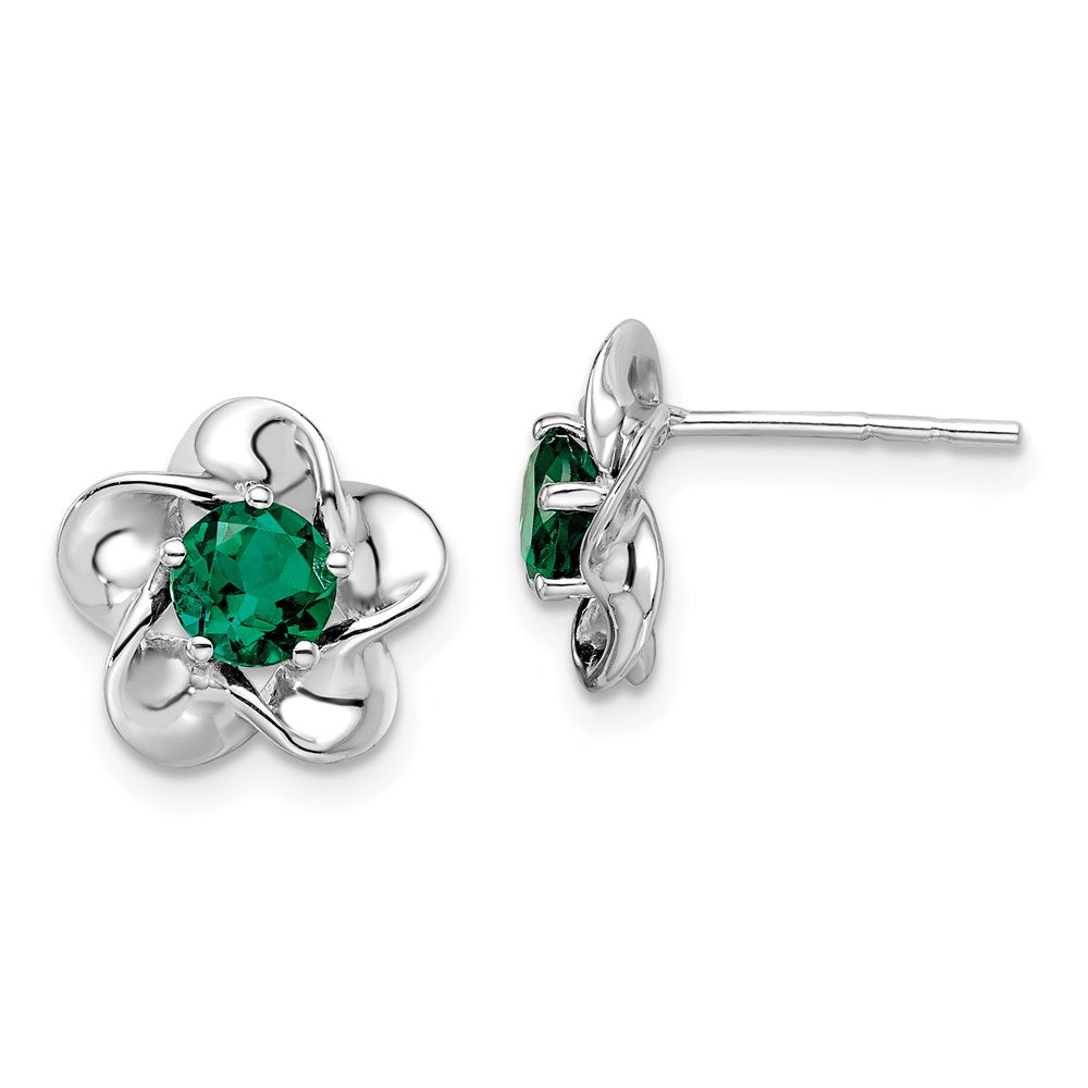 Sterling Silver Rhodium-Plated Floral Created Emerald Post Earrings