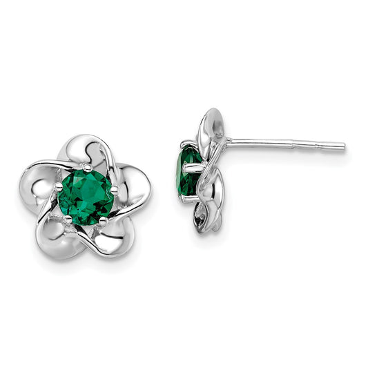 Sterling Silver Rhodium-Plated Floral Created Emerald Post Earrings