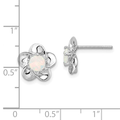 Sterling Silver Rhodium-Plated Floral Created Opal Post Earrings