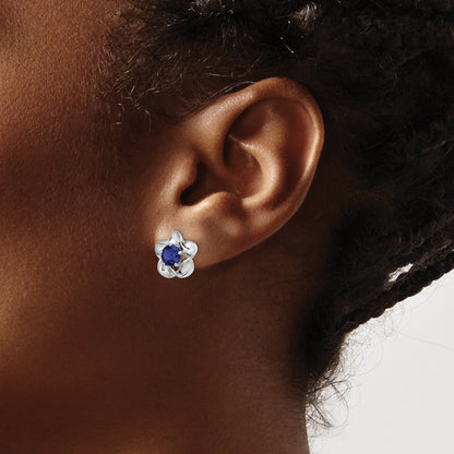 Sterling Silver Rhodium-Plated Floral Created Sapphire Post Earrings