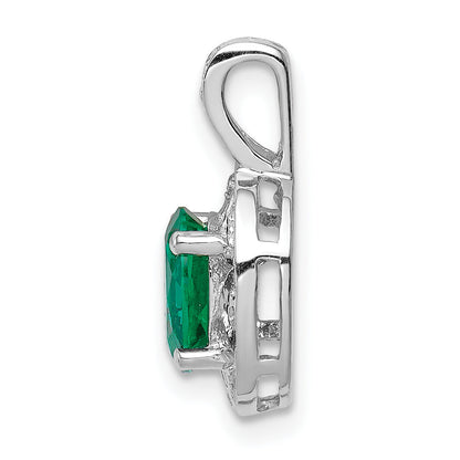Sterling Silver Rhodium-Plated Diam. & Created Emerald Pendant