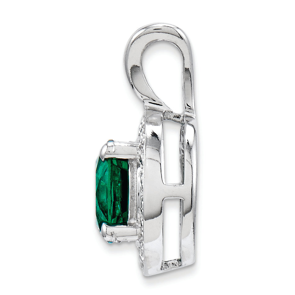 Sterling Silver Rhodium-Plated Diam. & Created Emerald Pendant