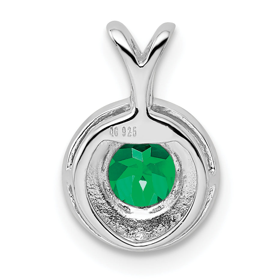 Sterling Silver Rhodium-Plated Diam. & Created Emerald Pendant