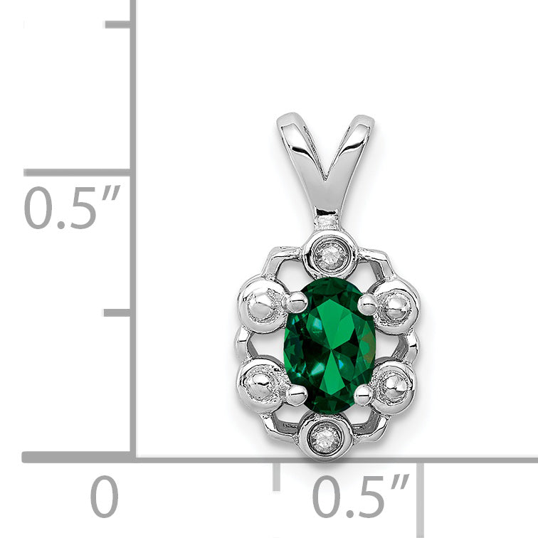 Sterling Silver Rhodium-Plated Created Emerald & Diam. Pendant
