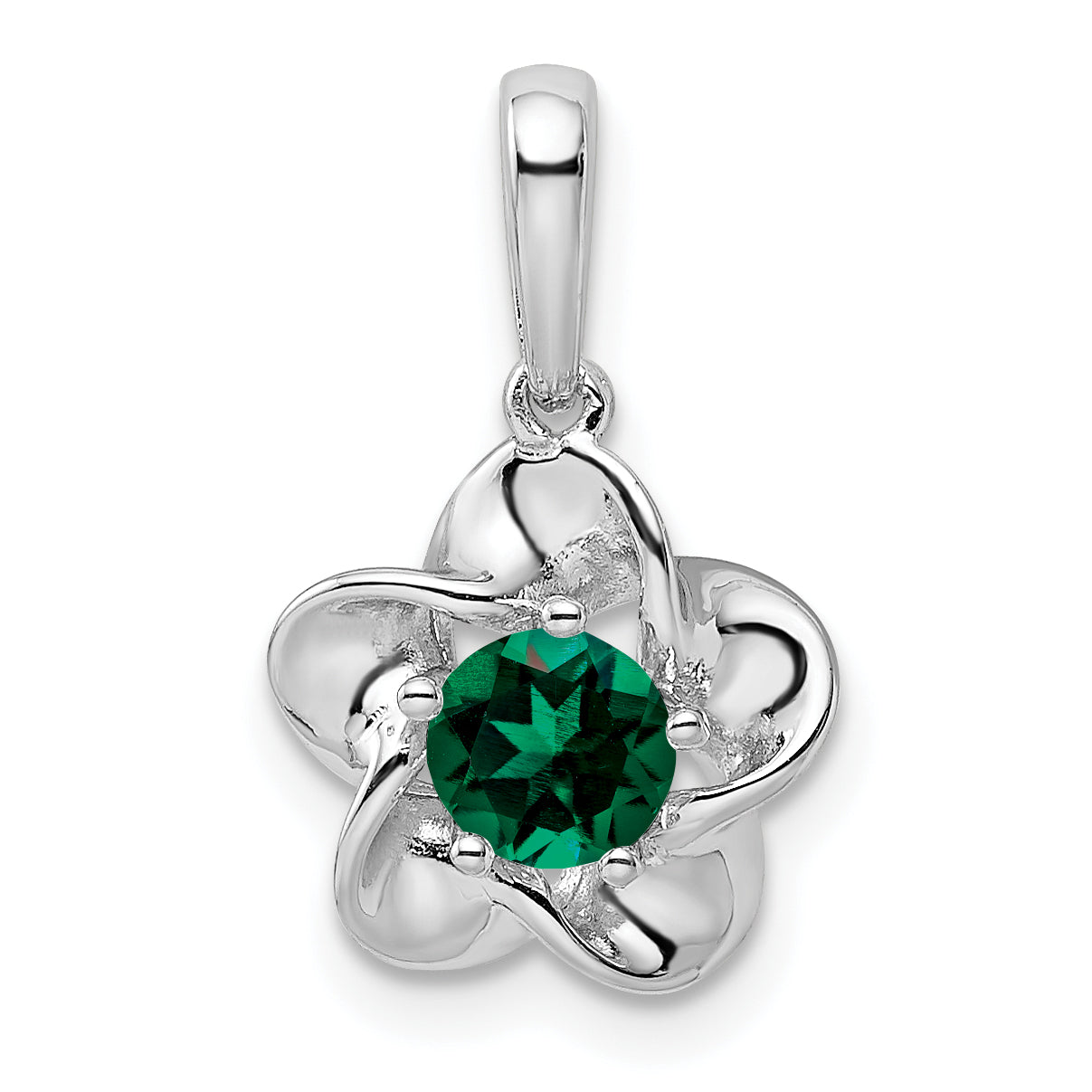 Sterling Silver Rhodium-Plated Floral Created Emerald Pendant