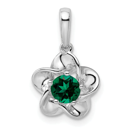 Sterling Silver Rhodium-Plated Floral Created Emerald Pendant