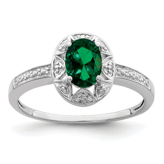 Sterling Silver Rhodium-Plated Diam. & Created Emerald Ring