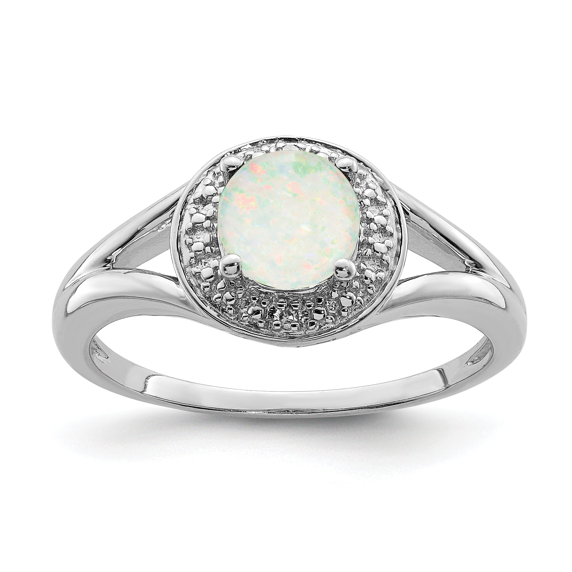 Sterling Silver Rhodium-Plated Diam. & Created Opal Ring