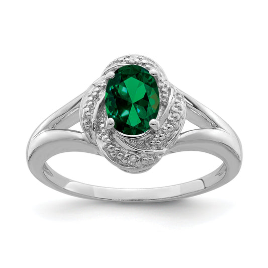Sterling Silver Rhodium-Plated Diam. & Created Emerald Ring