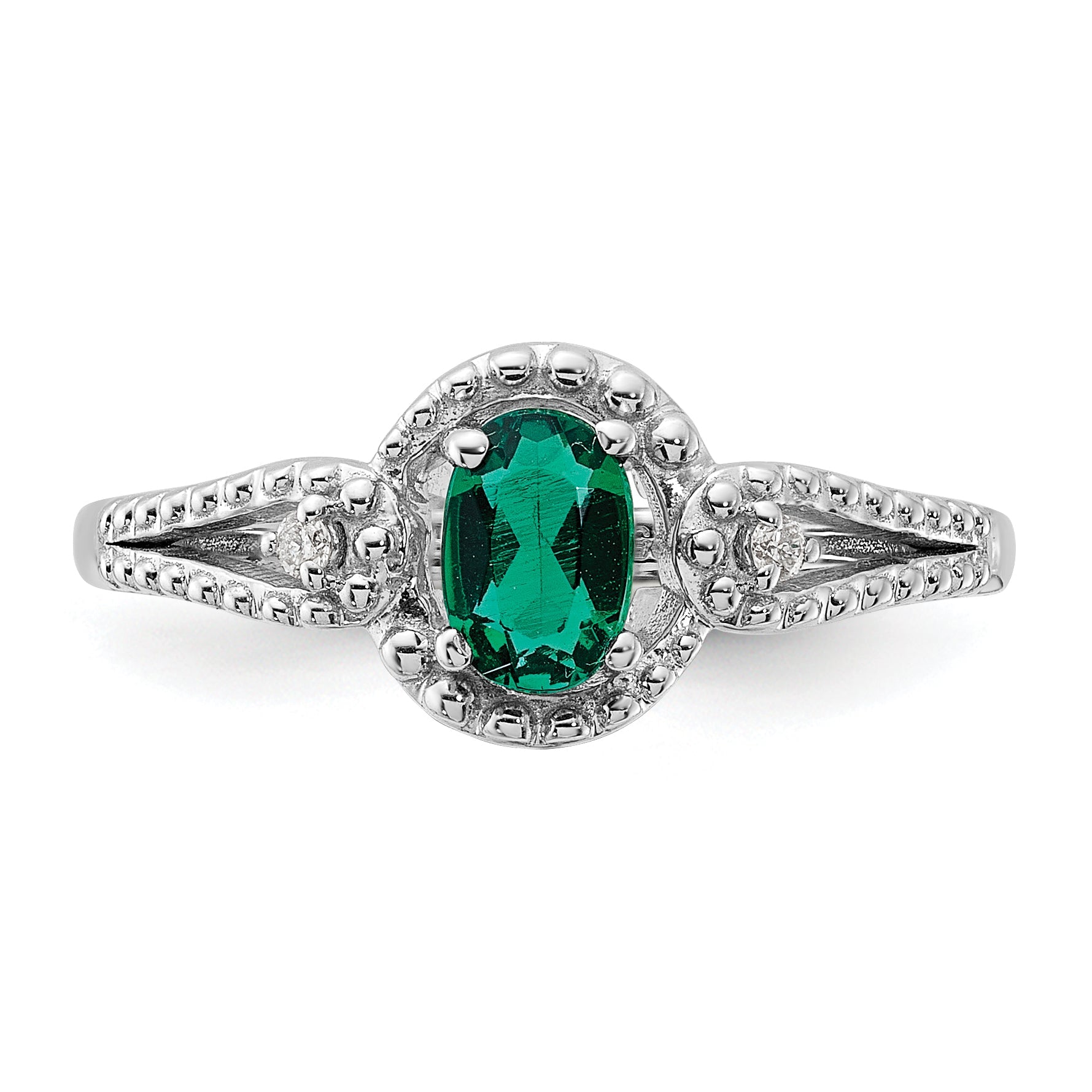 Sterling Silver Rhodium-Plated Created Emerald & Diam. Ring