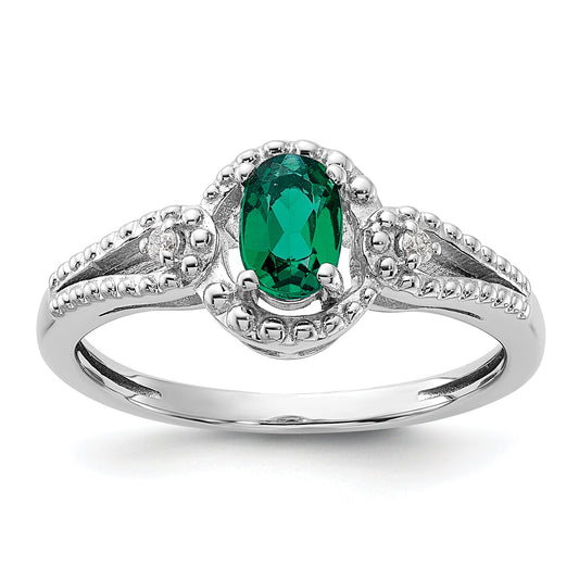 Sterling Silver Rhodium-Plated Created Emerald & Diam. Ring