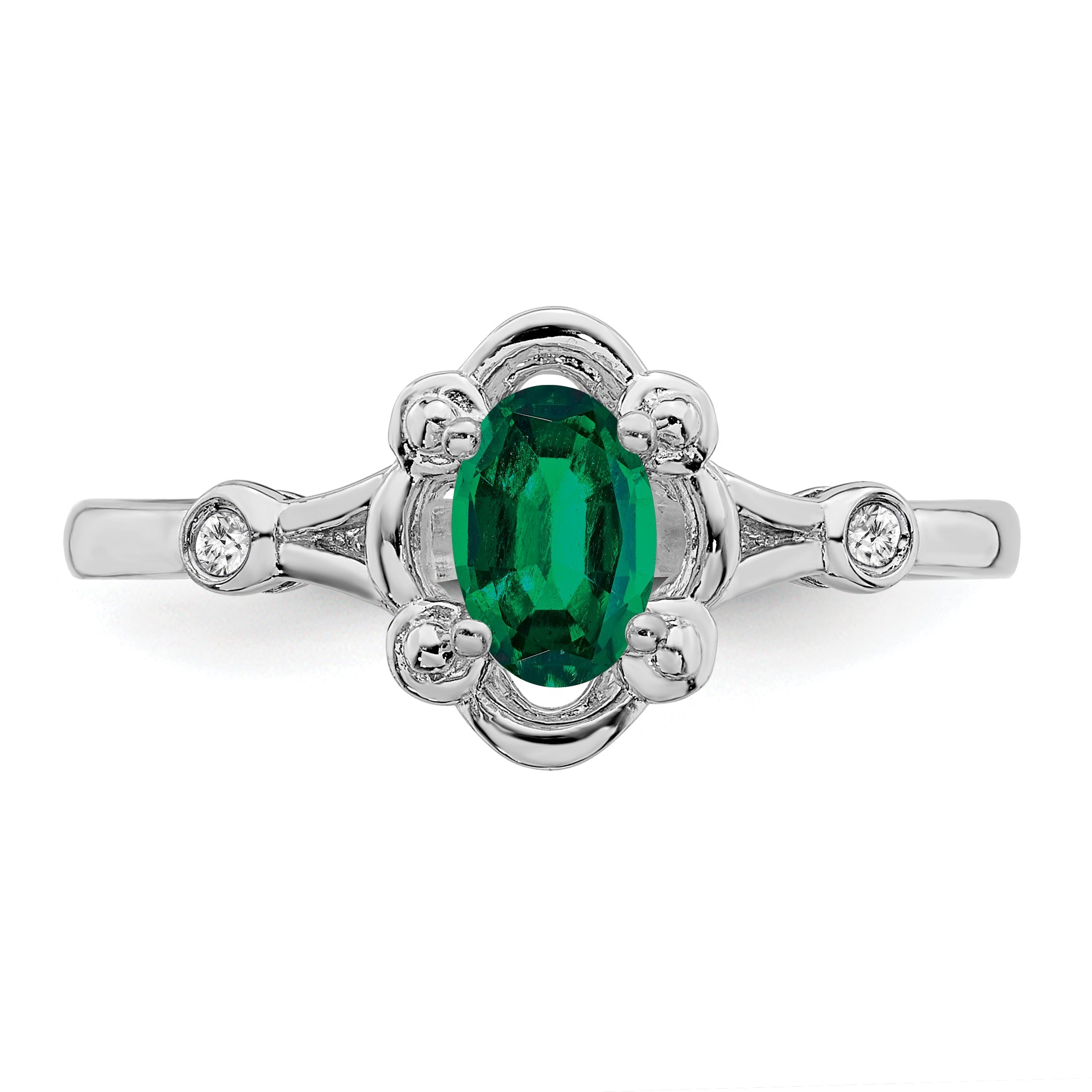 Sterling Silver Rhodium-Plated Created Emerald & Diam. Ring