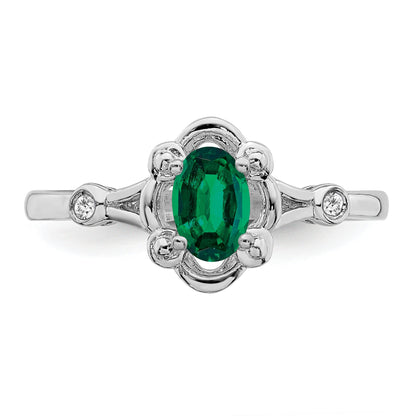 Sterling Silver Rhodium-Plated Created Emerald & Diam. Ring