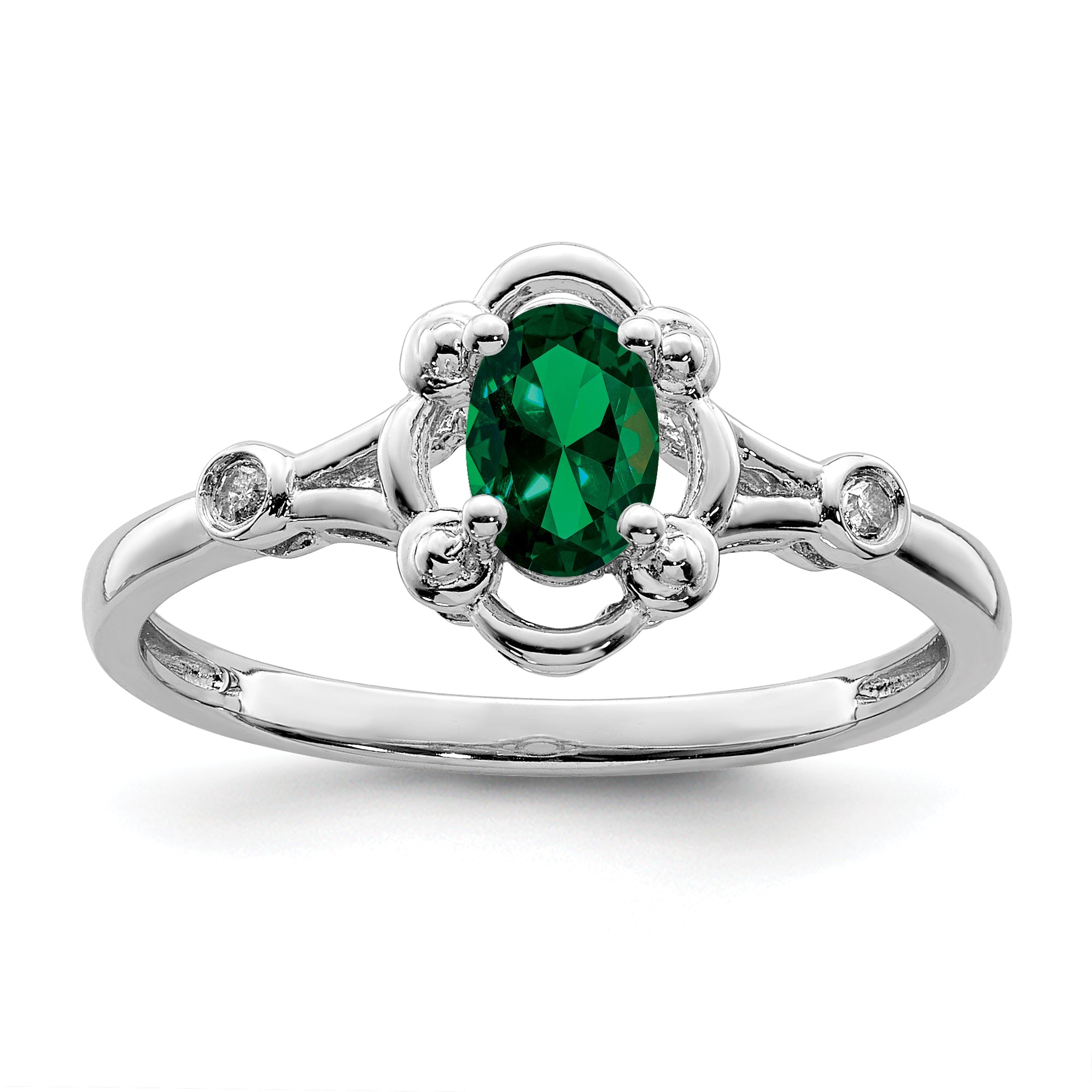 Sterling Silver Rhodium-Plated Created Emerald & Diam. Ring
