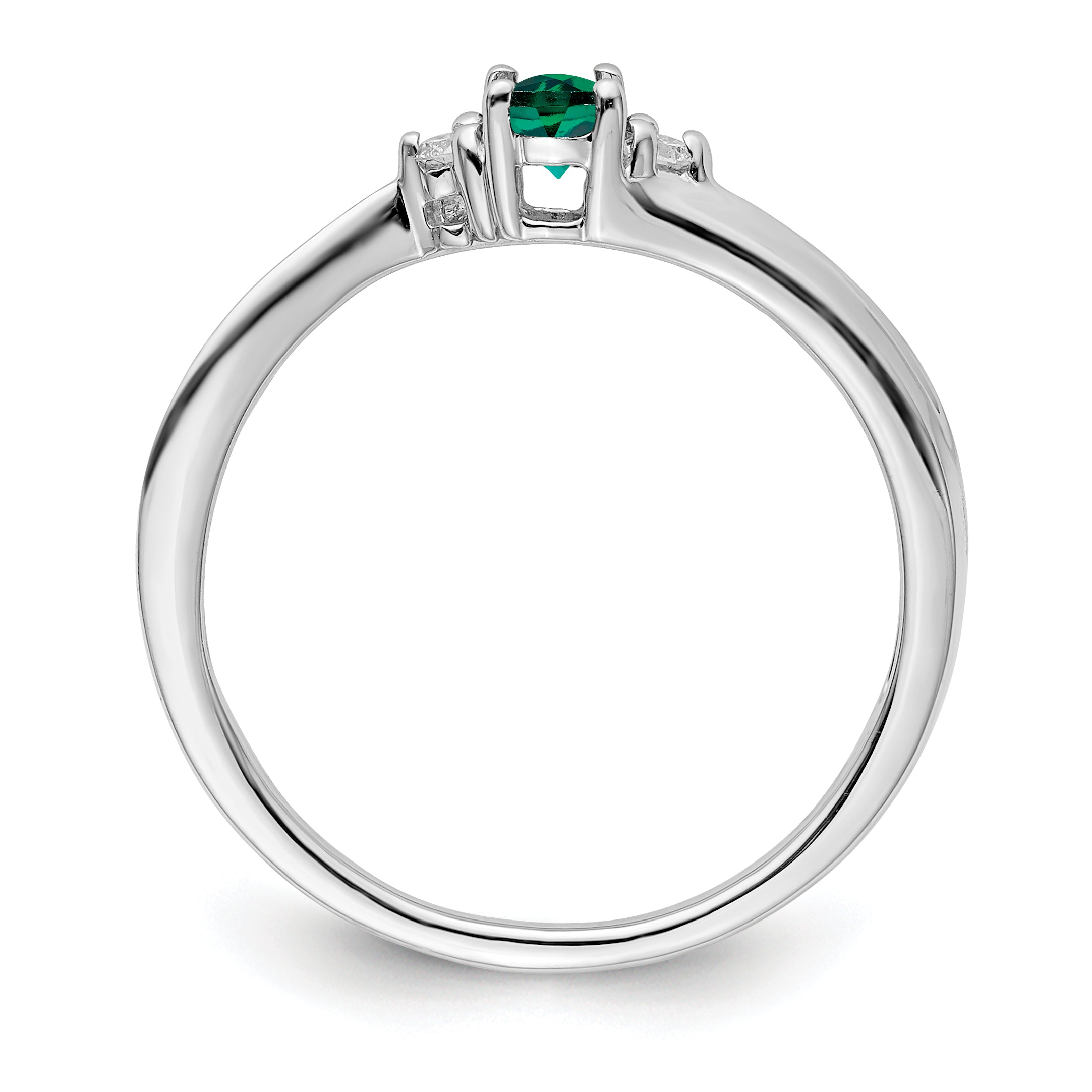 Sterling Silver Rhod-Plated Created Emerald/Diamond Birthstone Ring