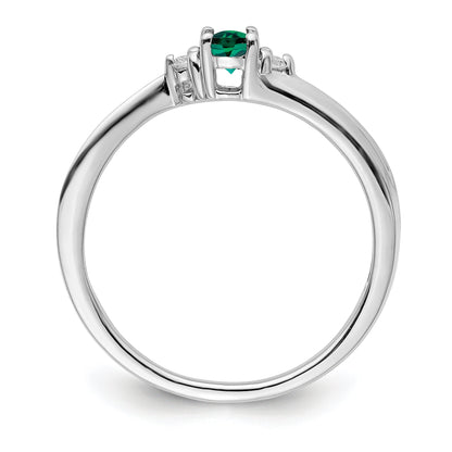 Sterling Silver Rhod-Plated Created Emerald/Diamond Birthstone Ring