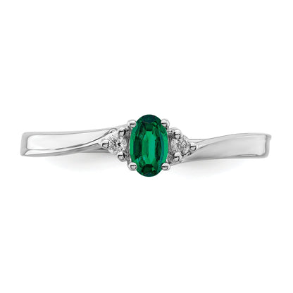 Sterling Silver Rhod-Plated Created Emerald/Diamond Birthstone Ring