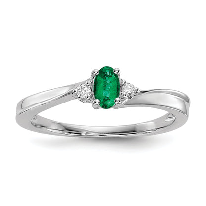 Sterling Silver Rhod-Plated Created Emerald/Diamond Birthstone Ring