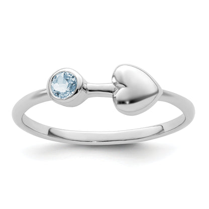 Sterling Silver Rhodium-Plated Polished Heart Aquamarine Ring