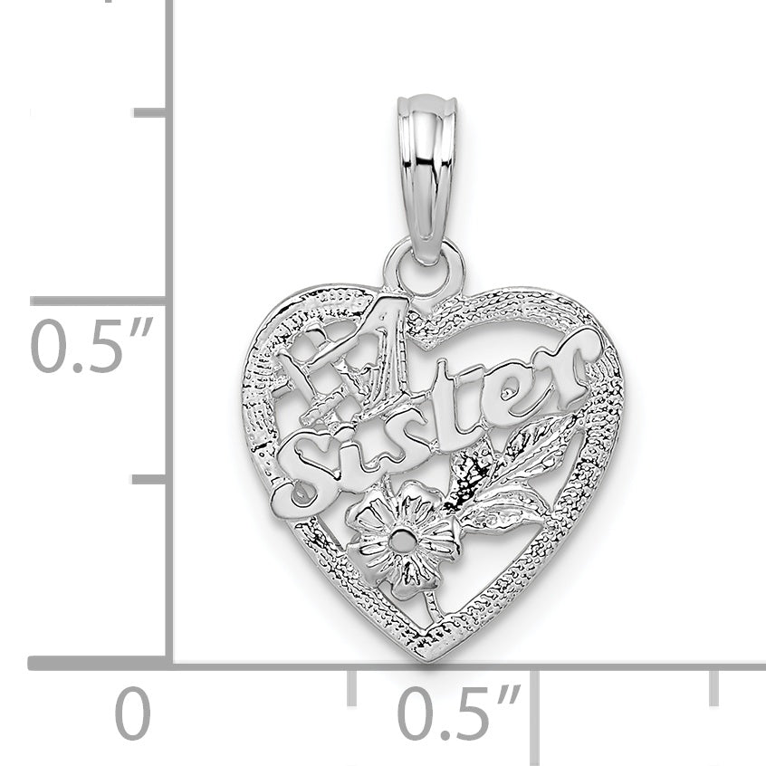 Sterling Silver De-Ani Rhodium-Plated Polished #1 Sister With Flower Heart Pendant
