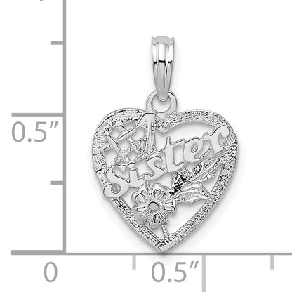 Sterling Silver De-Ani Rhodium-Plated Polished #1 Sister With Flower Heart Pendant