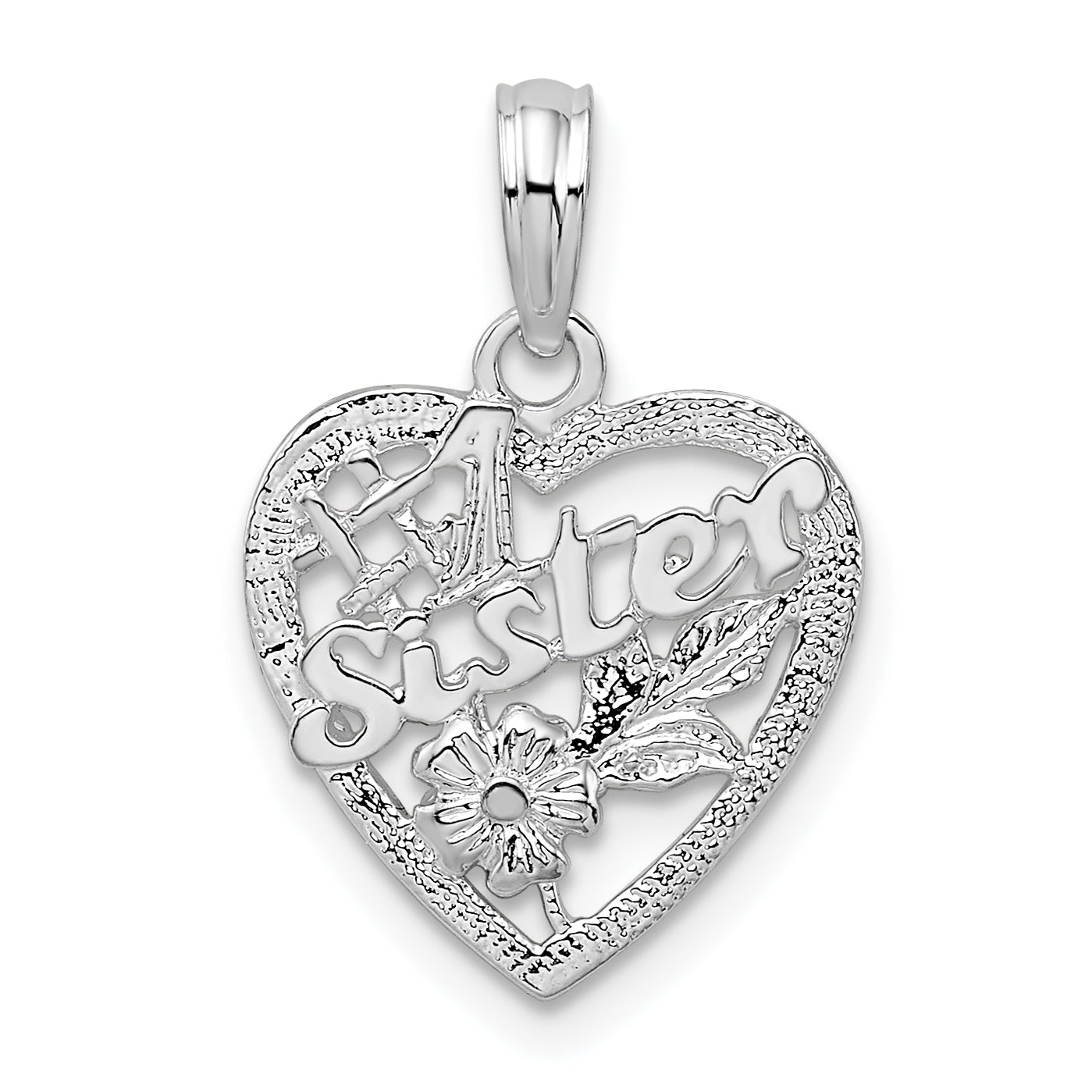 Sterling Silver De-Ani Rhodium-Plated Polished #1 Sister With Flower Heart Pendant