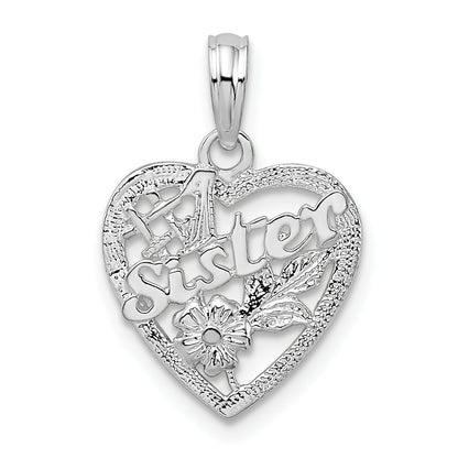 Sterling Silver De-Ani Rhodium-Plated Polished #1 Sister With Flower Heart Pendant