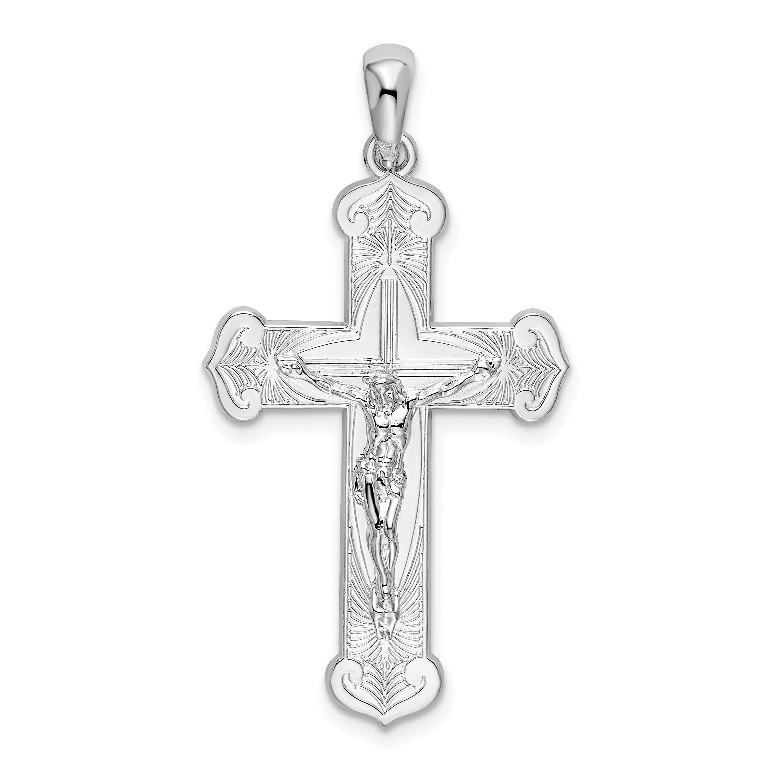 Sterling Silver De-Ani Rhodium-Plated Polished Budded Crucifix Pendant