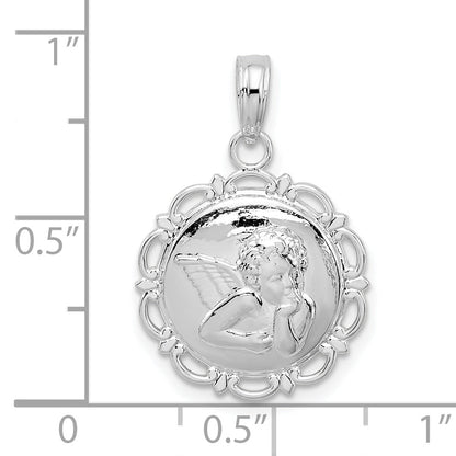 Sterling Silver De-Ani Rhodium-Plated Polished Scalloped Edge Angel Pendant