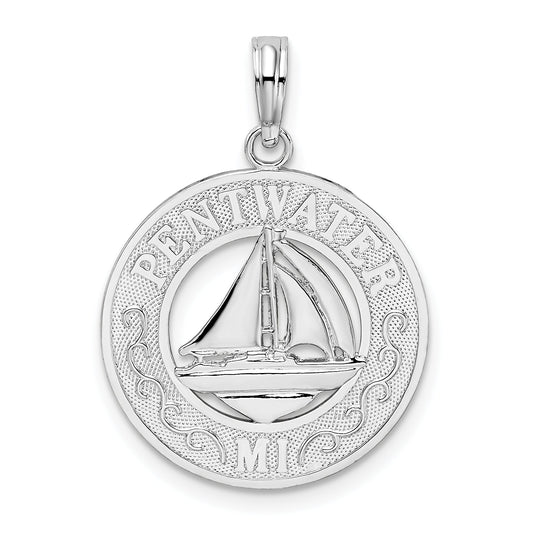 Sterling Silver De-Ani Rhodium-Plated Pentwater Michigan Circle With Sailboat Pendant