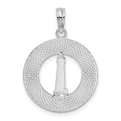 Sterling Silver De-Ani Rhodium-Plated Pentwater Michigan Circle With Lighthouse Pendant