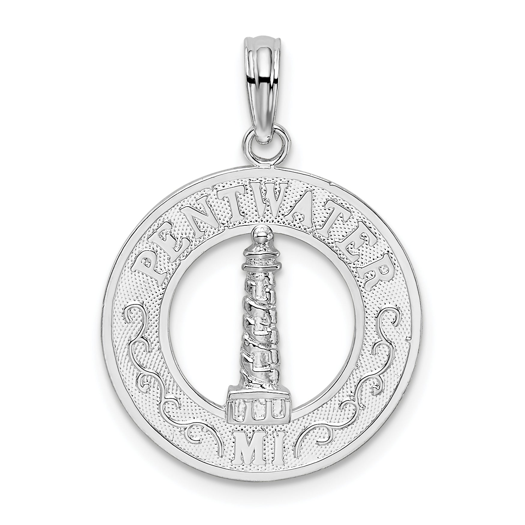 Sterling Silver De-Ani Rhodium-Plated Pentwater Michigan Circle With Lighthouse Pendant