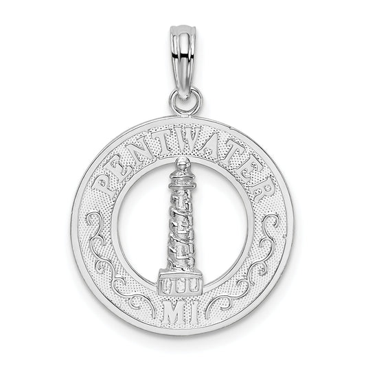 Sterling Silver De-Ani Rhodium-Plated Pentwater Michigan Circle With Lighthouse Pendant