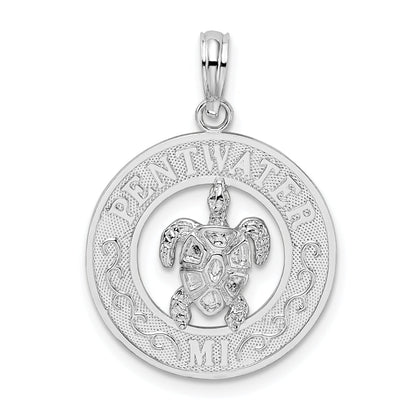 Sterling Silver De-Ani Rhodium-Plated Pentwater Michigan Circle With Turtle Pendant