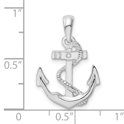 Sterling Silver De-Ani Rhodium-Plated Polished Anchor With Rope Pendant