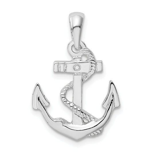 Sterling Silver De-Ani Rhodium-Plated Polished Anchor With Rope Pendant