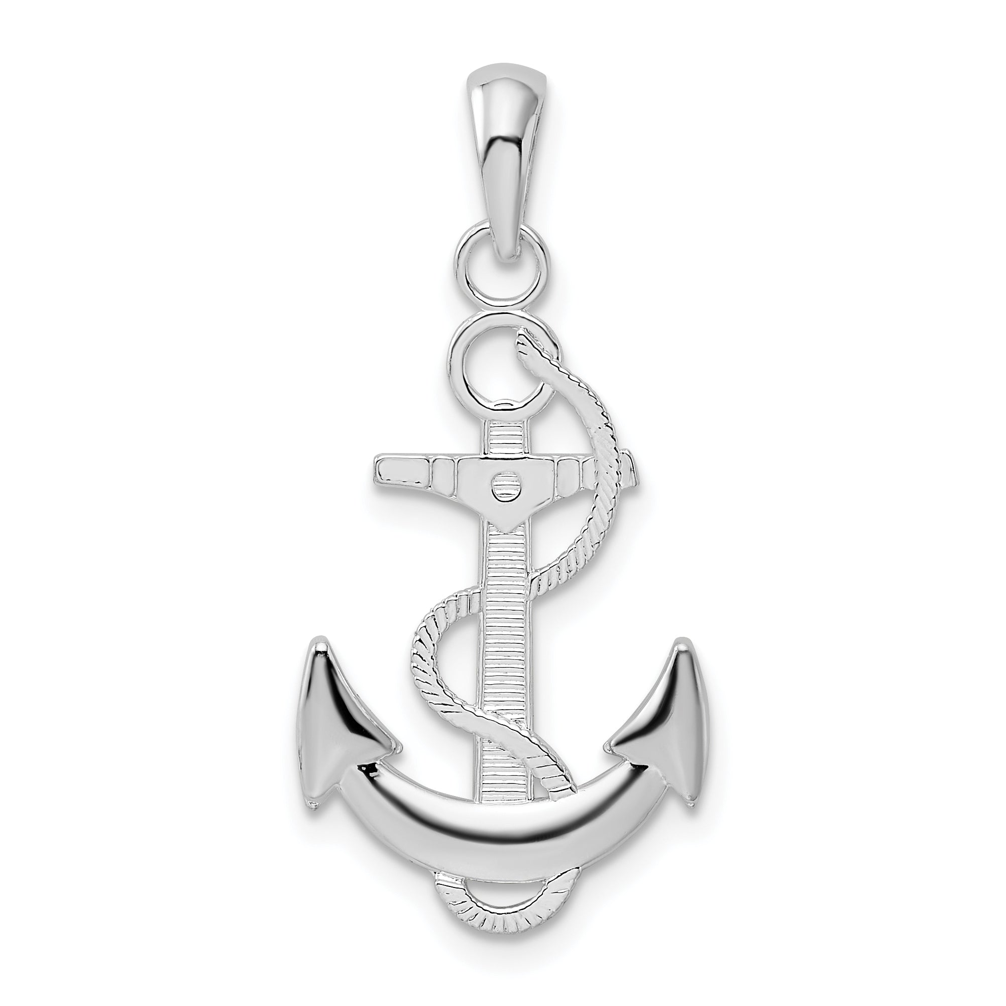 Sterling Silver De-Ani Rhodium-Plated Polished Anchor With Rope Pendant