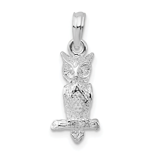 Sterling Silver De-Ani Rhodium-Plated Polished 3D Owl Pendant
