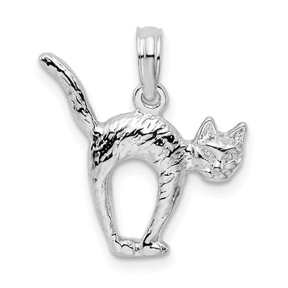 Sterling Silver De-Ani Rhodium-Plated Textured 3D Cat With Arched Back Pendant