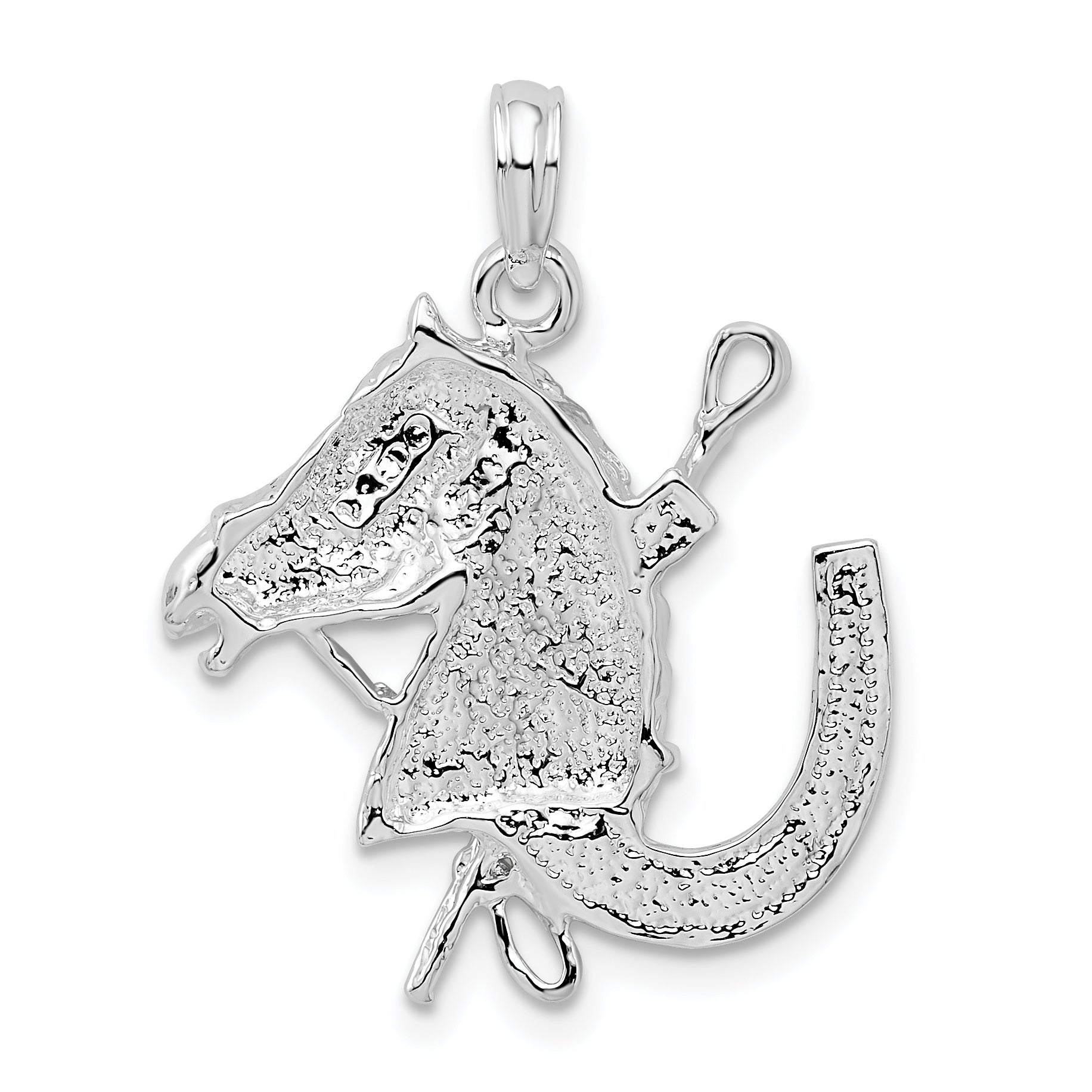 Sterling Silver De-Ani Rhodium-Plated Horse Head With Crop And Horseshoe Pendant