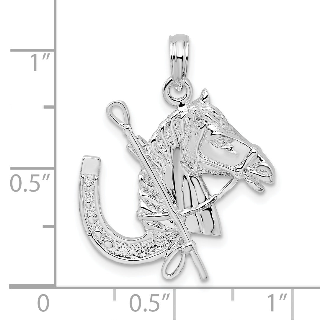 Sterling Silver De-Ani Rhodium-Plated Horse Head With Crop And Horseshoe Pendant