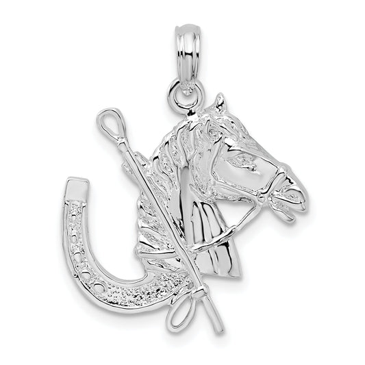 Sterling Silver De-Ani Rhodium-Plated Horse Head With Crop And Horseshoe Pendant