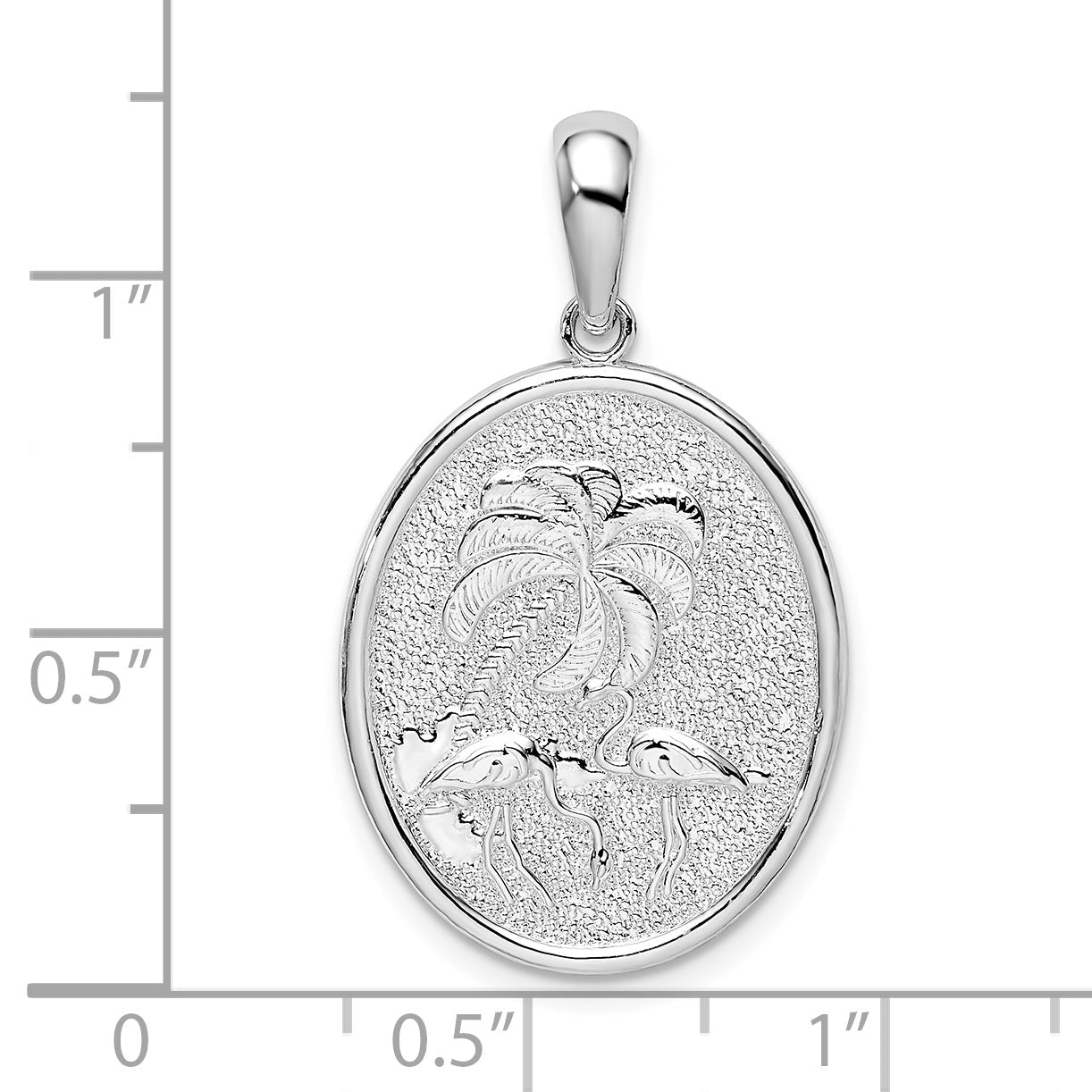 Sterling Silver De-Ani Rhodium-Plated Textured Flamingos With Palm Tree Oval Pendant