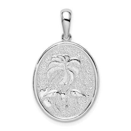 Sterling Silver De-Ani Rhodium-Plated Textured Flamingos With Palm Tree Oval Pendant