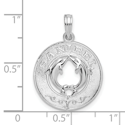 Sterling Silver De-Ani Rhodium-Plated Polished Sanibel Circle With Dolphins Pendant
