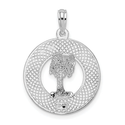 Sterling Silver De-Ani Rhodium-Plated Polished Sanibel Circle With Palm Tree Pendant