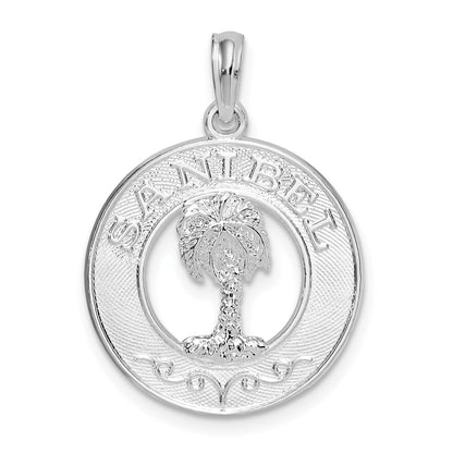 Sterling Silver De-Ani Rhodium-Plated Polished Sanibel Circle With Palm Tree Pendant