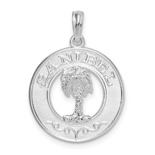 Sterling Silver De-Ani Rhodium-Plated Polished Sanibel Circle With Palm Tree Pendant